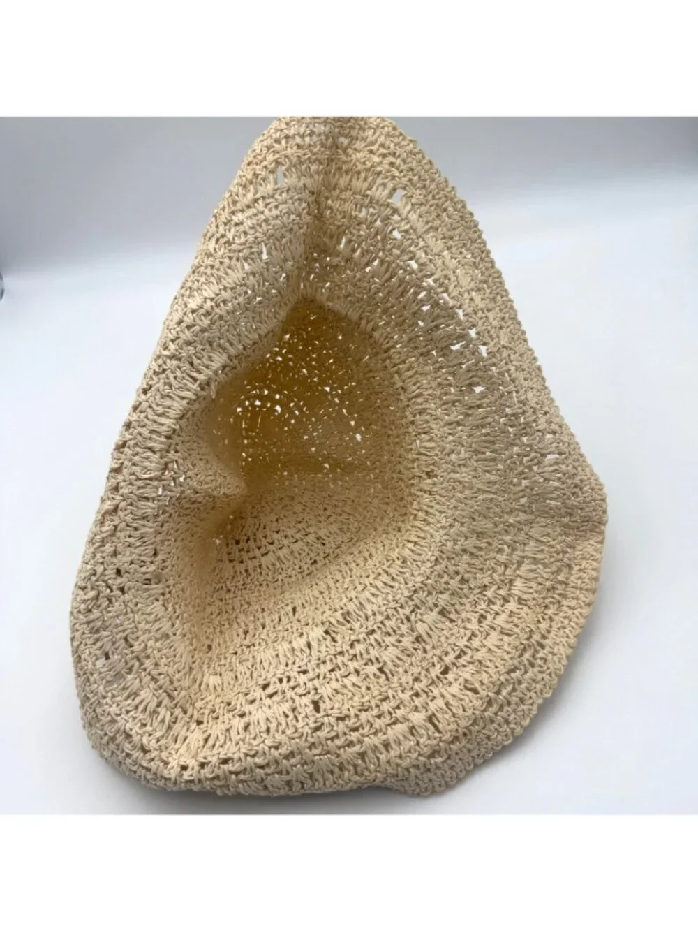 Womens Beige Crochet Straw Sun Hat Wide Brim Beach Boho Summer Floppy Hat
